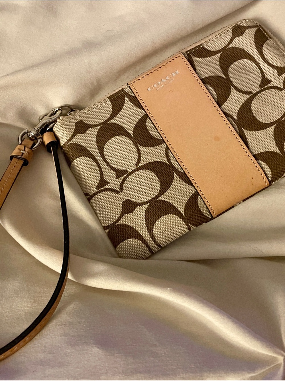 Coach Brown & Beige Signature Canvas Wristlet with Tan Leather Trim